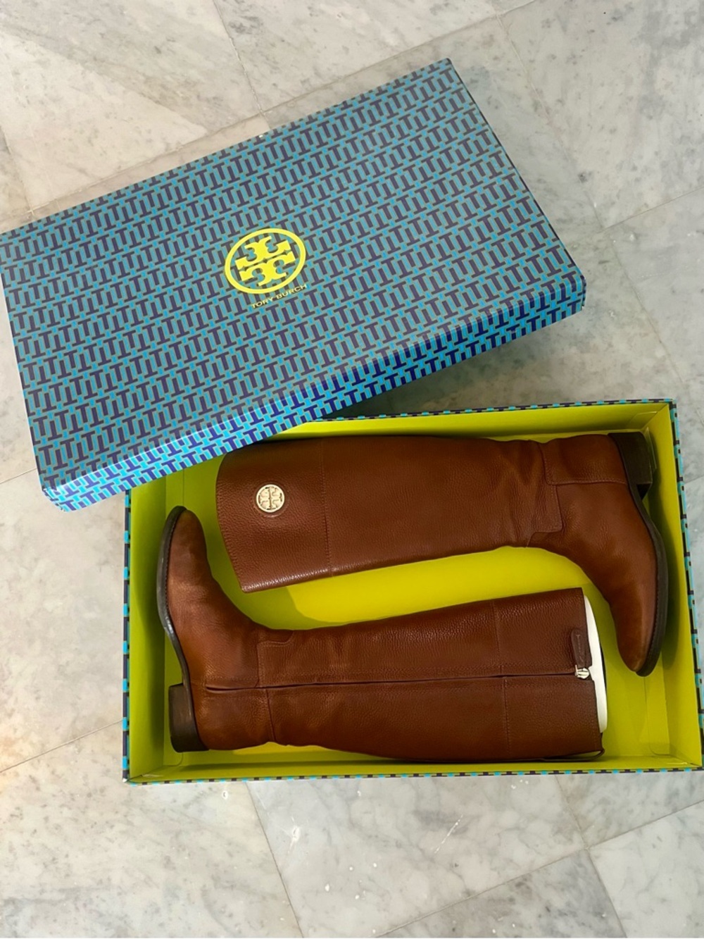 Tory Burch Chestnut Brown Leather Knee Junction Boots with Gold Logo Medallion - Picture 10 of 12